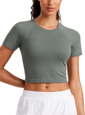 CRZ YOGA Seamless Womens Short Sleeve Crop Tops Breathable Slim Fit Gym Workout Shirts Athletic Running Basic Tee Top