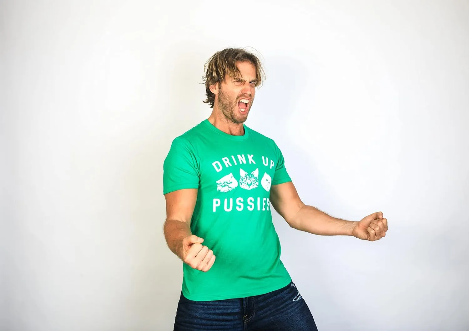 Funny Cat Drinking Shirt  Drink Up Pussies Novelty Graphic Tee | Adult Humor, St. Patricks Day & Party Wear