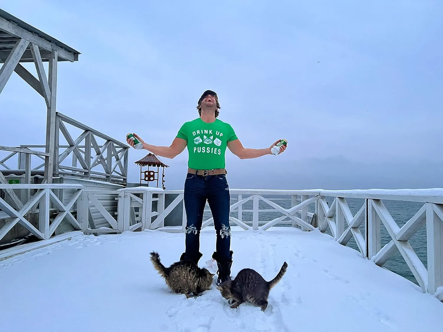 Funny Cat Drinking Shirt  Drink Up Pussies Novelty Graphic Tee | Adult Humor, St. Patricks Day & Party Wear