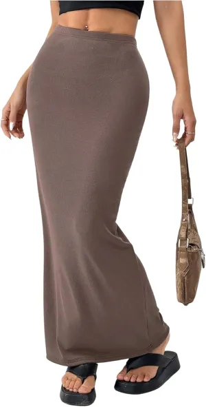 GORGLITTER Women's Trendy High Waisted Bodycon Maxi Skirts Elastic Waist Pencil Long Skirt 2025 Dressy