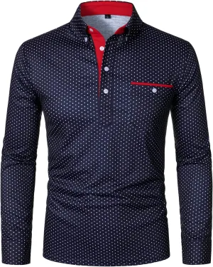 HOOD CREW Mens Fashion Polka Dot Collared Shirts with Pocket Long Sleeve Slim Fit Dress Polo Shirt for Men