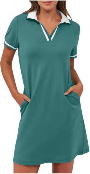JOAU Women's Polo Dresses Color Block Short Sleeve V Neck 2025 Casual Summer Tennis Golf Mini T-Shirt Dress with Pockets