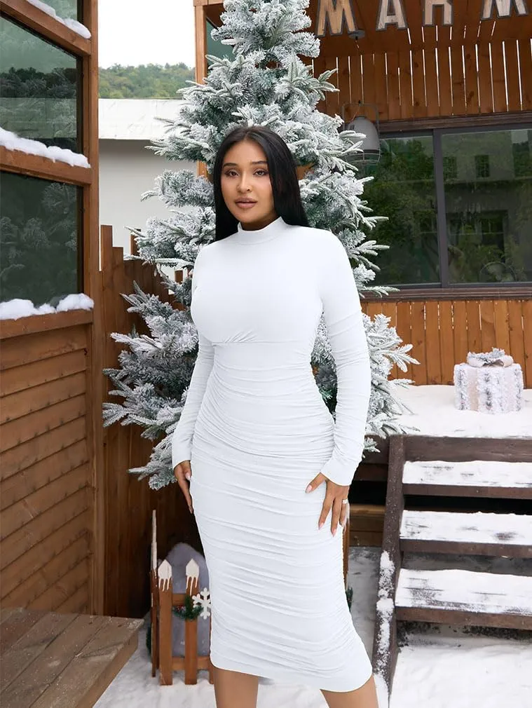 LAGSHIAN Women's Cocktail Bodycon Long Sleeve Mock Neck Mesh Ruched Midi Party Dress