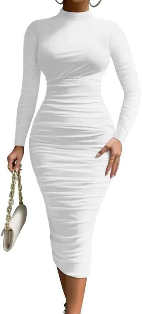LAGSHIAN Women's Cocktail Bodycon Long Sleeve Mock Neck Mesh Ruched Midi Party Dress