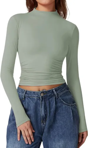QINSEN Womens Mock Neck Long Sleeve Shirt Double Lined Basic Tees Side Ruched Going Out Crop Tops