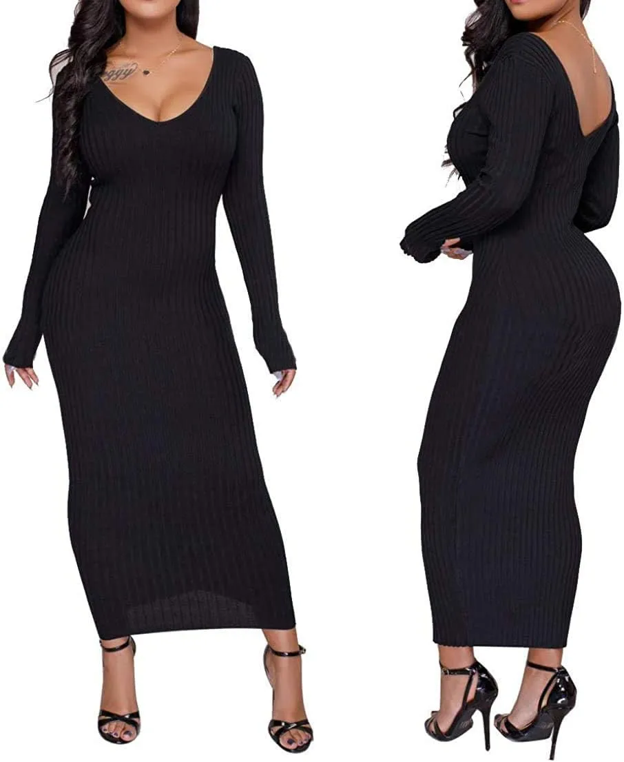 Women's Casual Off Shoulder Long Sleeves Slim Knit Bodycon Sweater Dress Midi Pencil Dress.