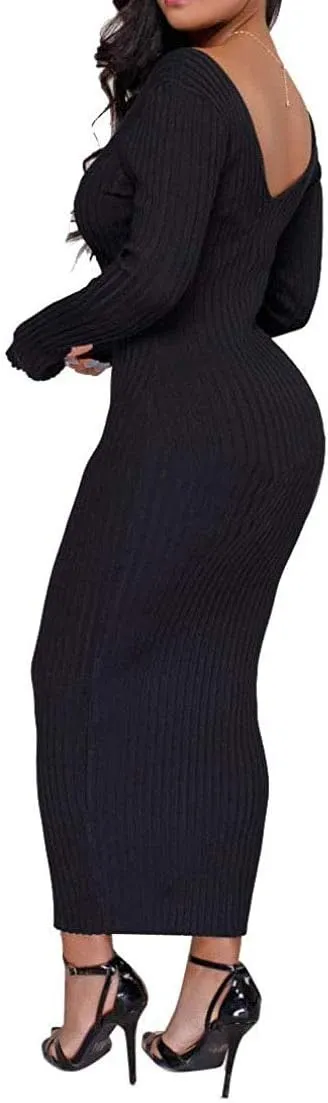 Women's Casual Off Shoulder Long Sleeves Slim Knit Bodycon Sweater Dress Midi Pencil Dress.