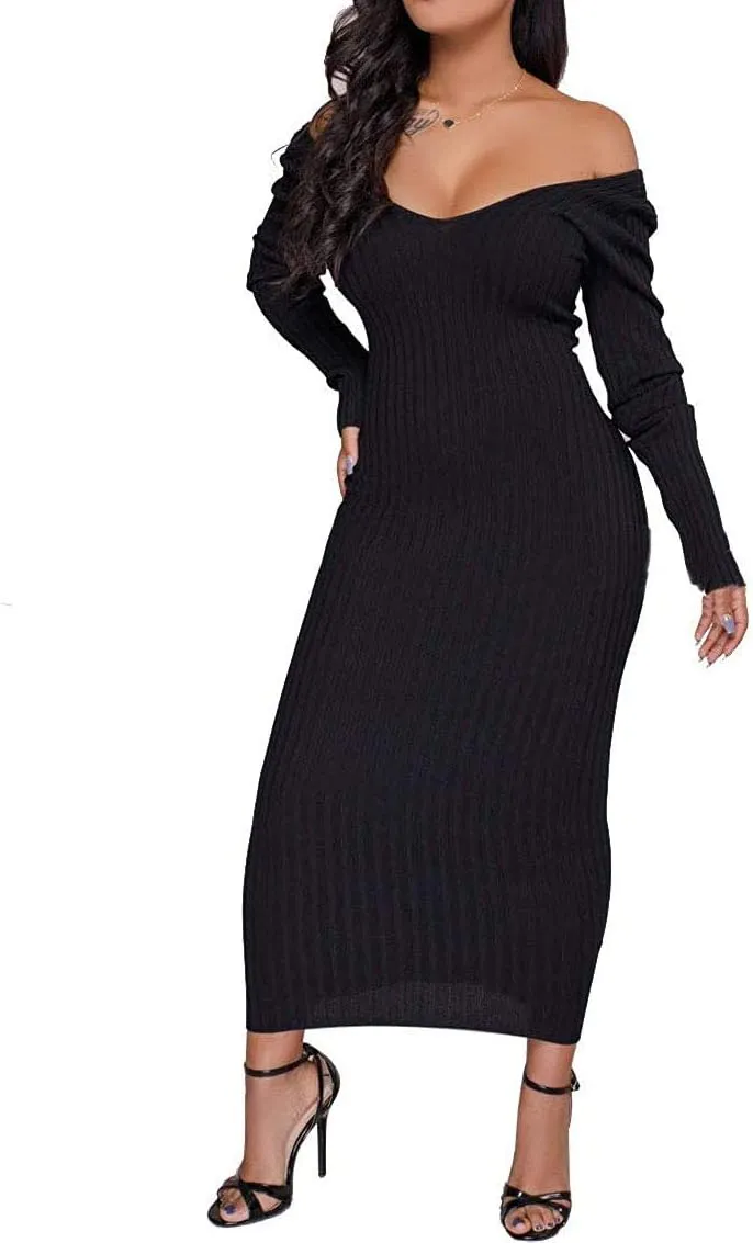 Women's Casual Off Shoulder Long Sleeves Slim Knit Bodycon Sweater Dress Midi Pencil Dress.
