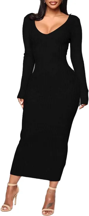 Women's Casual Off Shoulder Long Sleeves Slim Knit Bodycon Sweater Dress Midi Pencil Dress.