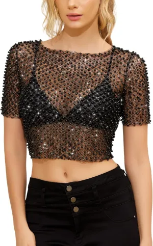 Women's Pearl Mesh Sheer Crop Top Sparkly Short Sleeve Glitter See Through Sexy Tee Shirt for Casual Party Club