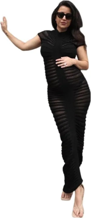 Womens Sexy Maxi Mesh Dress Short Sleeve Bodycon Ruched Knit Club Party Long Dresses S L
